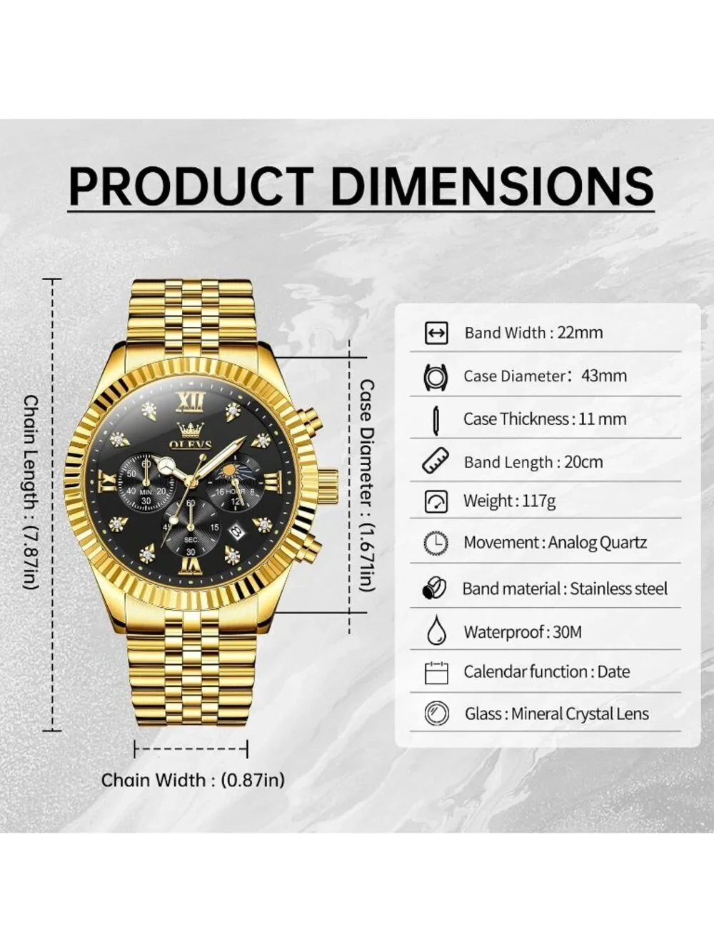 Men's Black Gold Diamond Stainless Steel Waterproof Roman Numbers Classic Watch